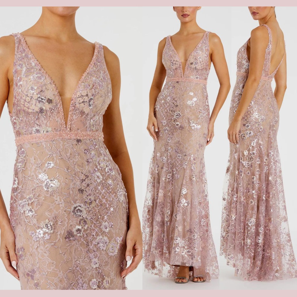 Nwt Mac Duggal [ 2 ] 67481 Floral Embellished Sleeveless Plunge Neck Gown J1431
